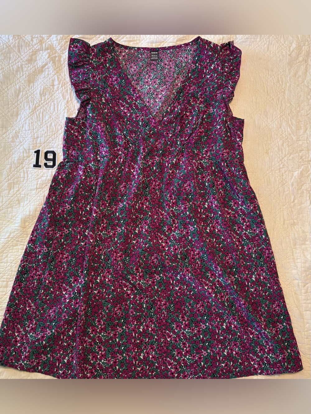 SHEIN Purple Floral V-Neck Ruffle Sleeve Dress